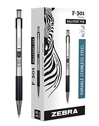 Zebra F-301 Ballpoint Stainless Steel Retractable Pen, Fine Point, 0.7mm, Black Ink, 12-Count
