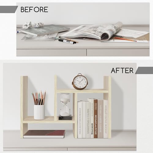 Image of Jerry & Maggie Desktop Organizer Office Storage Rack Adjustable Wood Display Shelf Free Style Double H, Multi-Functional Mini Bookshelf for Desk Natural Stand (White Wood Tone)
