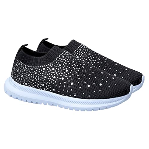 Women's Rhinestone Slip on Sneakers Breathable Mesh Sports Shoes Lightweight Casual Walking Shoes in Black