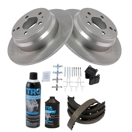 Image of TRQ Rear Brake Pad & Rotor Kit, with Chemical Kit Parking Brake Shoe Set Semi-Metallic Compatible with 1994-1996 Volvo 850 1998-2004 C70 1998-2000 S70