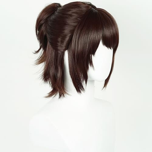 Image of HangeZoe Cosplay Wig Short Anime Dark Brown Ponytail Wig with Bangs | Deep Brown Giant Costume Wigs Synthetic Hair for Women Halloween Party