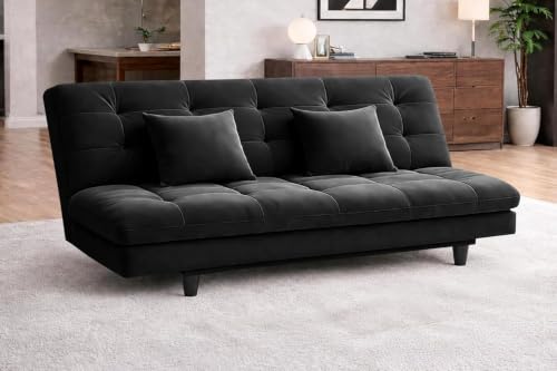Image of Rosebell Modern Wooden 3-Seater Sofa Cum Bed Foldable Velevt Fabric Sofa for Living Room, Guest Room & Office-Black-Color