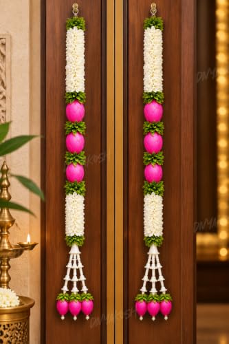 Image of Divyakosh BuilderCoach 2 Pack Decorative Door Hanging, 3 Feet (36 Inches) Each, Floral Toran with Pink Lotus Buds, White Flowers & Green Foliage, Festive Pooja, Ganpati & Entrance Decor