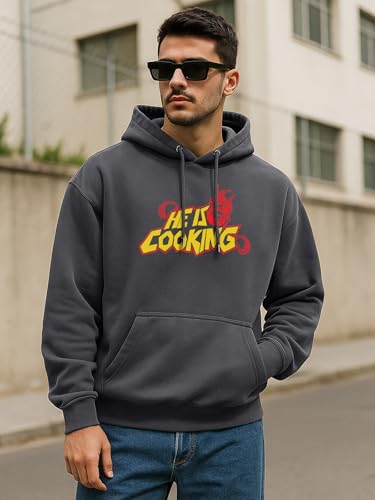 Image of Veirdo Polycotton Spun Oversized Fit Hooded Sweatshirt Full Sleeves Front Chest Graphic Printed Drop Shoulder Jumper Hoodie for Men (Sizes: S to 3XL)