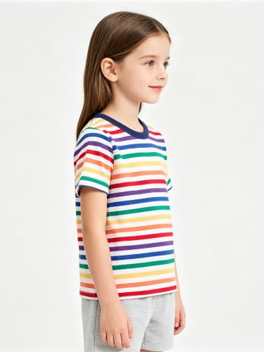 Image of LittleSpring Boys Girls T Shirt Rainbow Striped Cotton Crewneck Tees for Kids Fashion