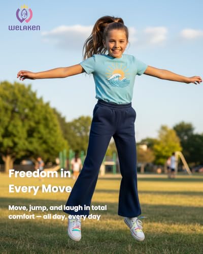 Image of WELAKEN Girls Sweatpants for Casual & Athletic - Kids Flared Pants Bell-Bottom Trousers with Pockets