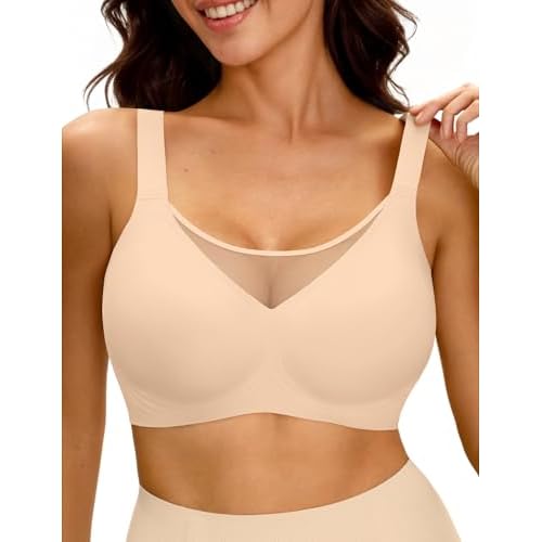 LUCKMEEY Jelly Bras for Women No Underwire Wireless Bras Removable Wide Straps (U/Cross) Push Up Mesh Seamless T-Shirt Bra Almond Skin 3X-Large