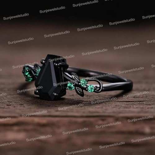 Coffin cut black onyx engagement ring Art deco leaf design emerald wedding nature inspired ring Antique Bridesmaid Jewelry Delicate Gift For Women3