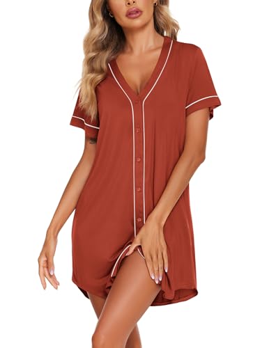 Image of Ekouaer Womens Nightgown Button Down Sleep Shirts Short Sleeve Nightshirt V-Neck Sleepdress Soft Sleepwer