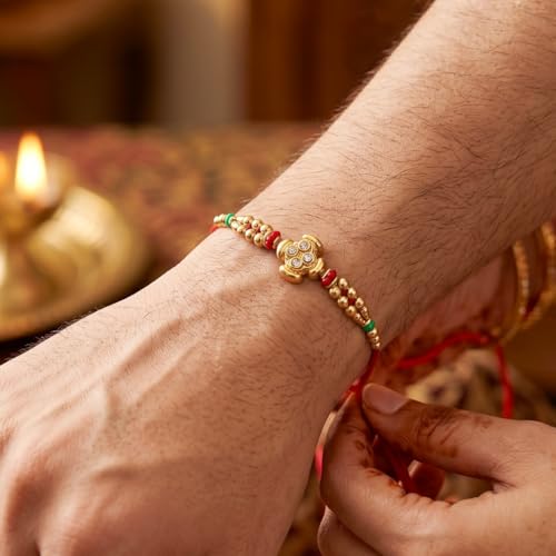 Image of Lucky Jewellery Rakhi for Brother, Golden Floral Stone Design, Red Thread, with Roli Chawal and Greeting Card