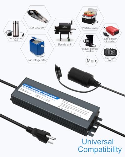 ALITOVE AC to DC Converter 110V to 12V 12.5A 150W Max Outdoor Power Supply 13ft IP67 Waterproof AC/DC Adapter with Car Cigarette Lighter Socket for Car Vacuum Fridge Tire Inflator