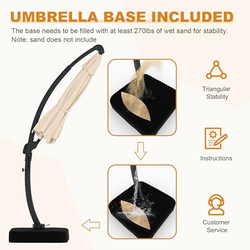 11FT Cantilever Patio Umbrella With Base Included, Cantilevers Outdoor Umbrella Heavy Duty Offset, Aluminium Curved Cantilever Umbrella