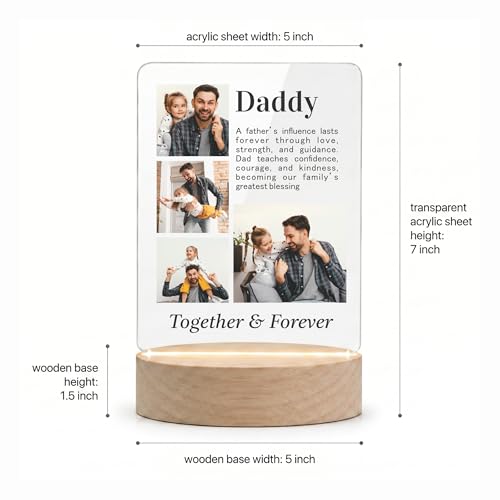 Image of Giftplease Fathers Day Personalized Rectangle Acrylic LED Frame - Custom Photo Wood Stand Tabletop Display with 4 Family Images & Meaningful Quote, Warm Decorative Photo For Dad, Grandpa Birthday