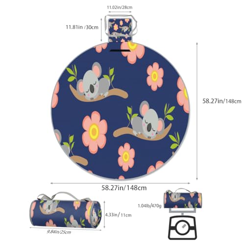 Shimoshe Cute Cartoon Koala Picnic Outdoor Blanket Foldable Waterproof Sandproof Beach Blanket Portable Water-Resistant Round Picnic Mat for Travel Camping Park Lawn