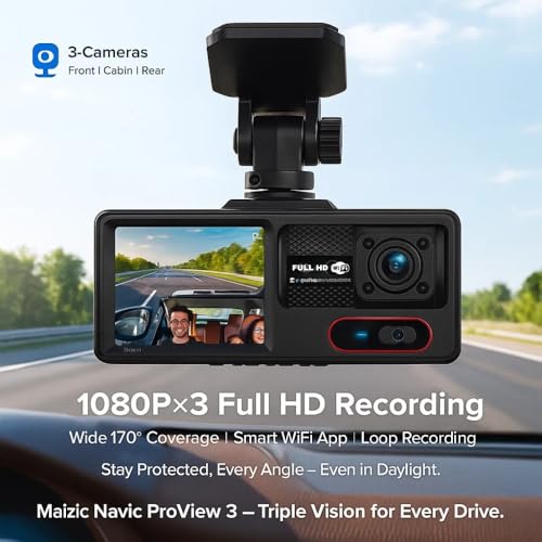 Image of Maizic Smarthome Navic ProView 3 WiFi 3-Channel Dash Cam 1080Px3 | 3 inch Display | 170 Wide Angle | Night Vision | Motion Detection | Loop Recording | Parking Mode | G-Sensor | App & SD Card Support