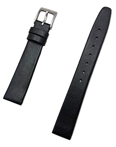 14mm Black, Flat, Elegant Calfskin Leather Watchband | Smooth Genuine Leather Replacement Wrist Strap that brings New Life to Any Watch (Womens Standard Length)
