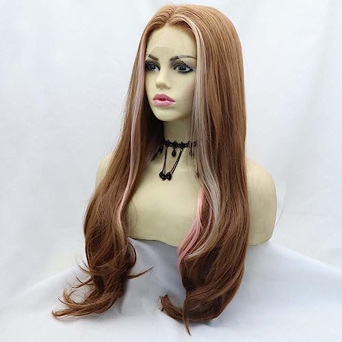 xiweiya Long Mixed Brown Wavy Wig Highlight Rose Pink With Blonde Brown Synthetic Lace Front Wigs with Heat Resistant Fiber for Women Drag Queen Makeup Everyday Wig 24 inches - Image 3