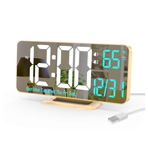 KOSUMOSU Dual Alarm Clock 6.7in Gold Desk Clock with Dimming, 12/24h, Seconds, Date, Day of Week, Temp, Digital LED Clock for Bedroom, Digital Calendar Clocks for Living Room Gold Desk Accessories