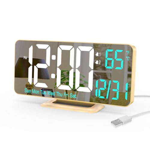 KOSUMOSU Dual Alarm Clock 6.7in Gold Desk Clock with Dimming, 12/24h, Seconds, Date, Day of Week, Temp, Digital LED Clock for Bedroom, Digital Calendar Clocks for Living Room Gold Desk Accessories