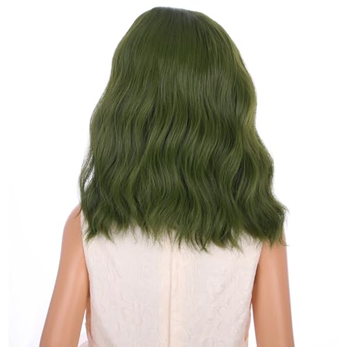 Image of PATTNIUM Olive Green Wig Dark Green Wig for Kids Girls Short Curly Wavy Green Wig Shoulder Length Wigs Synthetic Cosplay Wig with Wig Cap