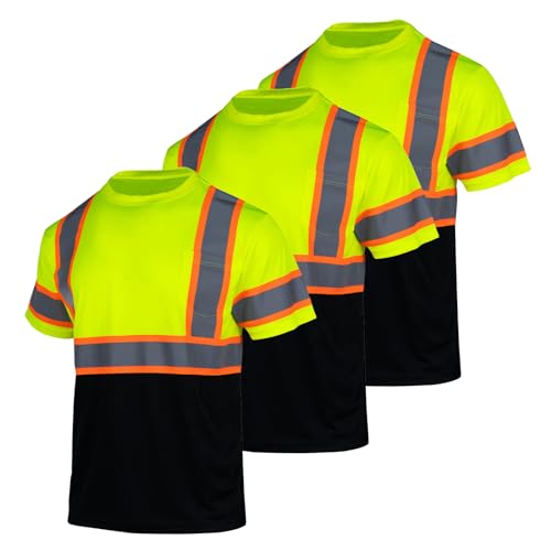 FONIRRA 3 Pack Safety Reflective High Visibility Shirt for Men ANSI Class 3 Hi Vis Construction Work Shirts with Short Sleeve(Yellow,L)