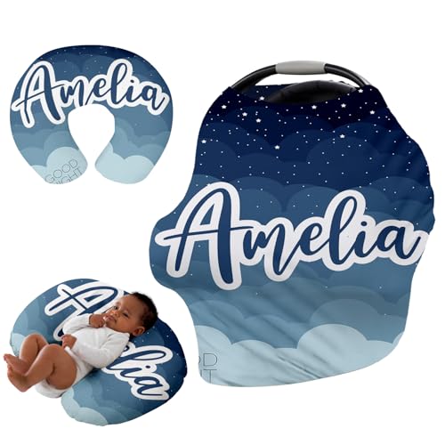Image of Custom Name Car Seat Canopy - Baby Car Seat Covers, Infant Stroller Cover, Haze Blue Star Carseat Canopy Christmas Birthday Gifts for Girls and Boys