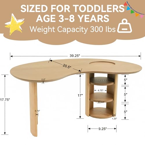 Image of Kids Table Activity Table with Storage, Toddler Art Table for Kids Ages 3-8, Solid Wood Train Tables Desk for Drawing /Crafting, 39 inch L Half-Moon Play Tables for Boys /Girls /Classroom, Natural