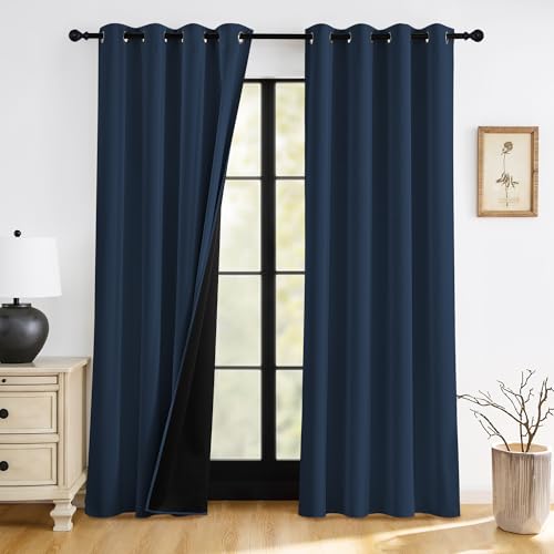 RYB HOME 100% Blackout Navy Blue Curtains for Living Room Grommet Heat & UV Blocking Total Room Darkening Noise Reducing Curtains for Sunroom Nursery 52 inches Wide by 84 inches Long