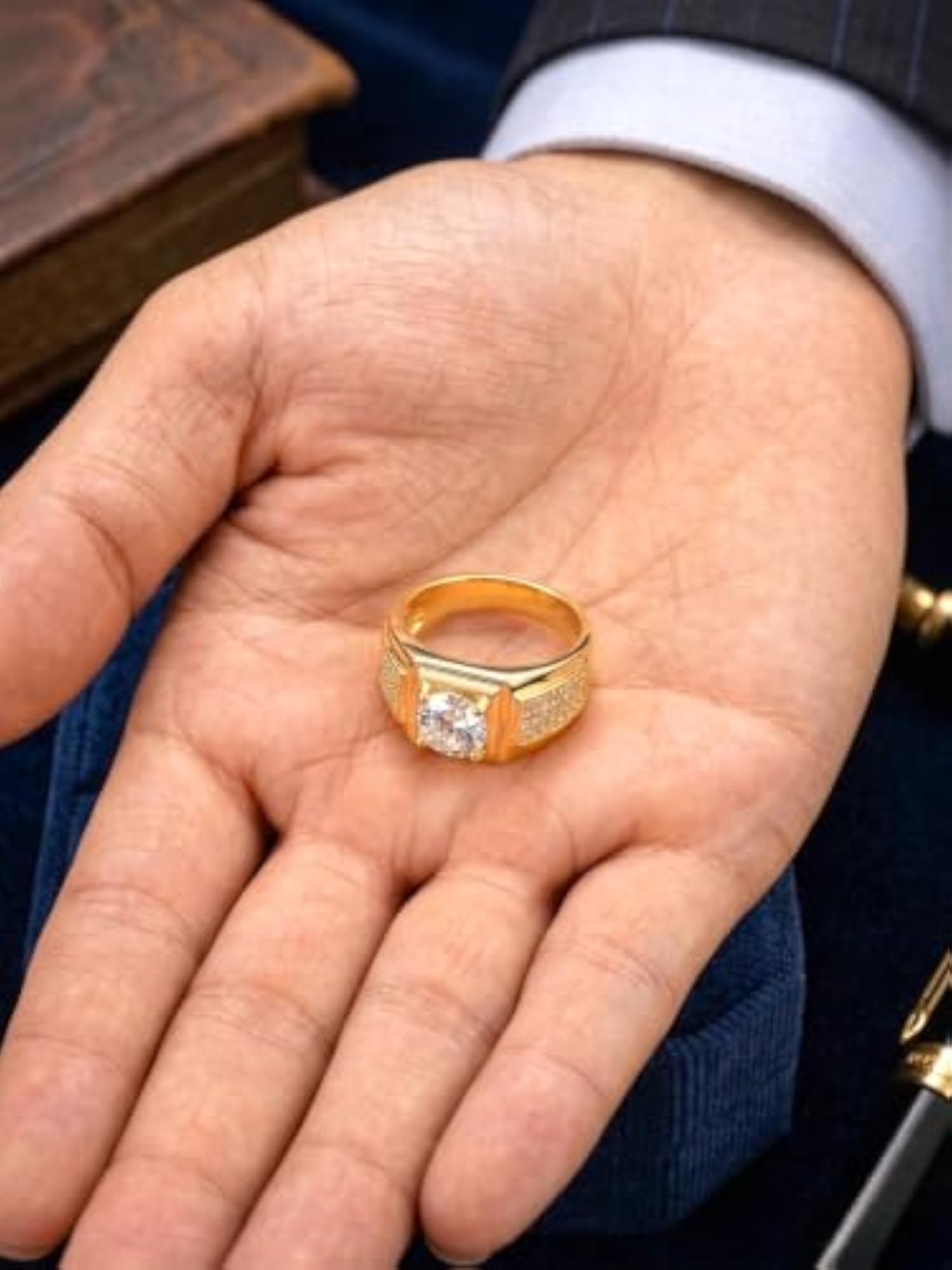 Gold Plated Adjustable Cubic Zirconia Statement Ring
