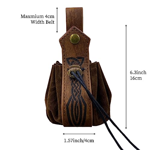 Medieval Faux Leather Pouch,Viking Belt Pouch,Retro Nordic Fanny Pack,Portable Drawstring Purse,Dice Bag for Hiking Archery LARP Renaissance Faire Costume (Brown C) - Image 4