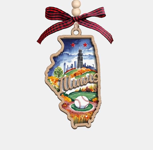 Moonlit93 Illinois State Christmas Wooden Ornament - 2-Layer Laser-Cut Wooden Keepsake - Rustic Holiday Decor & Ideal Travel Gift for Women Men Family & Friends - Illinois Locals Gift