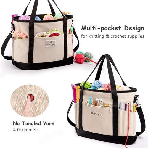 Image of MYBAGZING Canvas Yarn Storage Organizer Bag Washable Crochet Bag with Pockets for Yarn, Hooks, Needles - Travel Knitting Tote for Crafters - Gift for Crocheters & Knitters (Medium /Large)