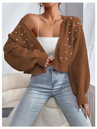 Image of SHENHE Women's Pearl Beaded Open Front Cardigan Oversize V Neck Drop Shoulder Cropped Sweater