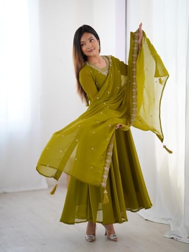 Image of FUSIONIC Premium Mehndi Green Anarkali Set with Heavy Embroidery, Dupatta & Full Stitch Finish