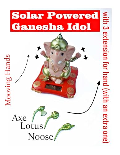 Image of Solar Powered Ganesha Idol with Moving Hand, Red and Gold, Plastic Made, for Car Dashboard or Home Office Decor Gifting