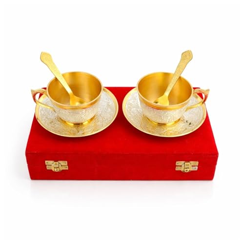 Image of Silver Plated Cup Saucer Set in Velvet Box | Cup Saucer Set of 6 for Tea (2 Cup + 2 Saucer + 2 Spoon) | Tea /Coffee Cups 120 ml | Dishwasher Safe | Ideal for Daily Use & Gifting