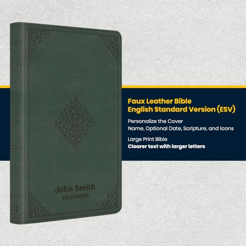 Image of Personalized ESV Large Print Bible for Adult, Name Engraved, Standard Size | Customize Your Green Faux Leather Bible Your Way, Stay-Open Lay-Flat & Easy-Read Two-Column, Christian Occasion Gift