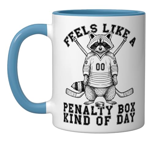 Feels Like a Penalty Box Kind of Day Funny Raccoon Hockey Ceramic Mug, Blue/White