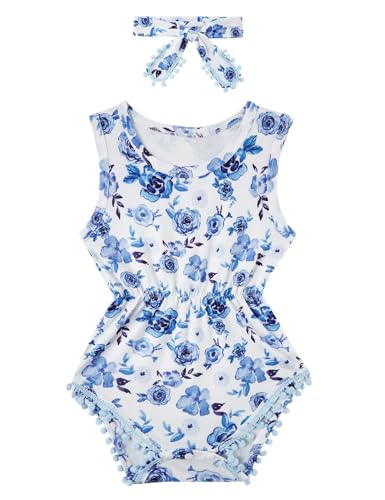 UNICOMIDEA Baby Girls Outfit Newborn Romper Jumpsuits Sleeveless One-Piece Clothes 0-24 Months Bodysuit with Headband, Blue Flower, 6-12 Months
