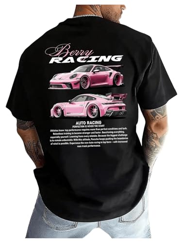 WDIRARA Mens Car Letter Graphic T Shirt Round Neck Short Sleeve Tee Streetwear Top Black Medium