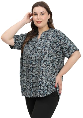 Image of SINDOORI Relaxed Fit Tops for Women Plus Size Solid Printed Mandarin Collar, Band Collar, V-Neck Top, Half Sleeve Loose Fit