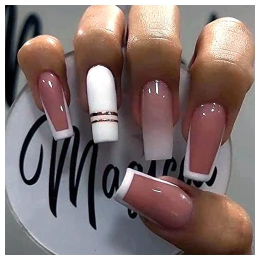 SINHOT Medium Coffin Press on Nails Ballerina Fake Nails Glossy Glue on Nails Gold Line Acrylic Nails with White Gradient False Nails Designs 24 pcs