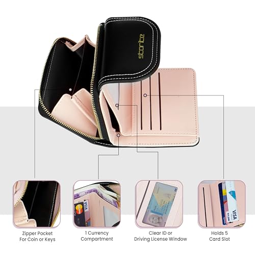 Image of Storite Women's Stylish Compact Leather Wallet 5 Card Slots,1 ID Window, Ladies Mini Purse Money Pocket with Zipper Closure (Black - 11 x 3 x 9 Cm)