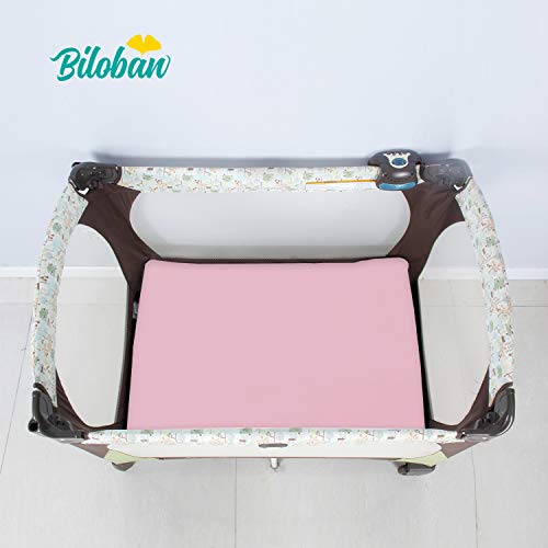 Biloban Pack and Play Sheets Fitted, 2 Pack Pack and Play Sheet Fits for Graco Pack n Play Mattress, Neutral Playard Sheets for Baby Boys and Girl, White & Pink, 38”X 26”