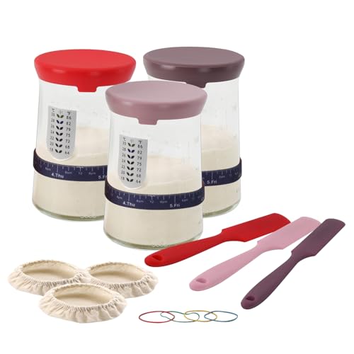 500ml/17oz Sourdough Starter Jar Kit with Lid Set 3 Silicone Scraper Cloth Cover Thermometer Design Sourdough Baking Flour Jar
