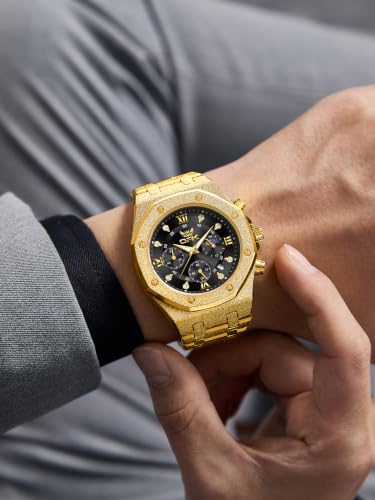 Image of OPK Men Analog Automatic Watches Waterproof Multifunction Chronograph Diamond Moon Phase Luminous Stainless Steel Band Wrist Watches