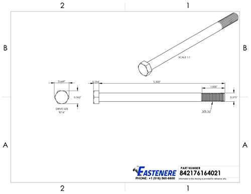 Image of 3 /8-16 x 5-1 /2 inch Hex Head Cap Screw Bolts, External Hex Drive, Stainless Steel 304, Partially Threaded, Stainless Steel, Quantity 5 By Fastenere