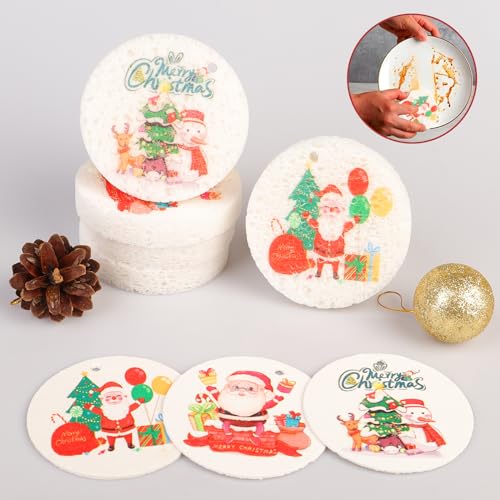 Image of 3 Pcs Biodegradable Wood Pulp Cellulose Compressed Cleaning Sponge Premium Kitchen Dishwashing Sponge Hanging Decorations for Christmas Tree Decorations, Kitchen, Bathroom and Surface Cleaning