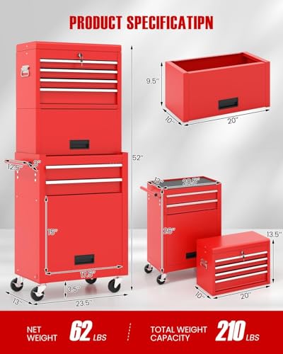 Image of Goplus 6 Drawers Tool Chest, Rolling Metal Tool Box with Universal Wheels, Protective Liner, Detachable Top Toolbox, Auto Lock, 3-in-1 Large Tool Cabinet for Garage Shop Auto Repair