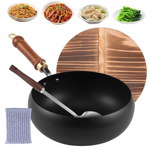 Iron Pot | フタ付き鋳鉄鍋 木製ハンドルフライパン調理器具 インダクション電磁調理器対応 自宅 キャンプ アパート 食材肉野菜用,木製取手 IH対応 キッチン用品 家庭用 業務用 キャンプ用